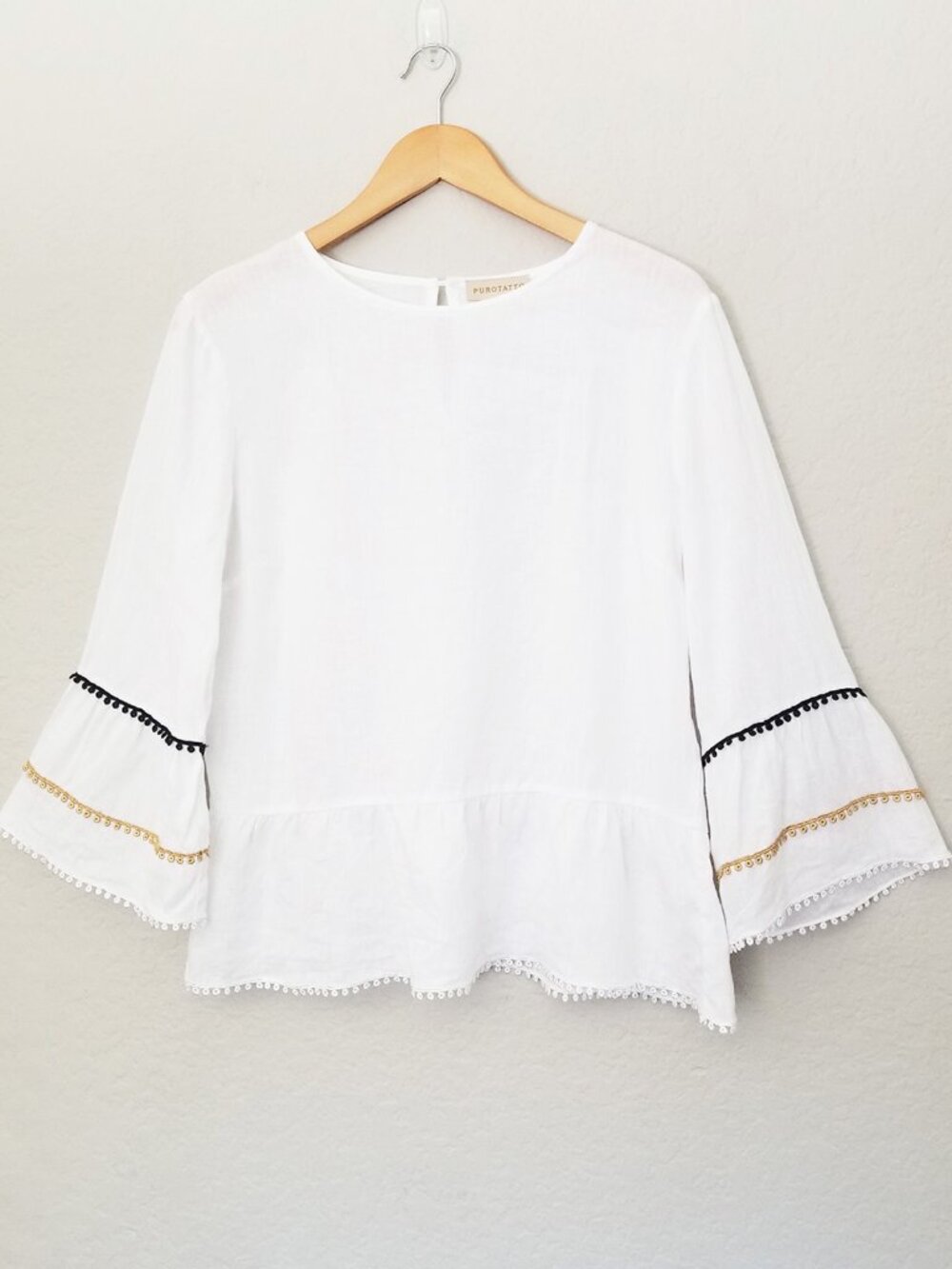 Purotatto 100% Linen Flax Blouse Top White Bell Sleeves Crochet Trim Italy 44 M - Picture 2 of 13